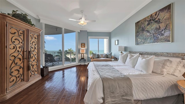 bedroom featuring ceiling fan, access to exterior, dark hardwood / wood-style flooring, and crown molding