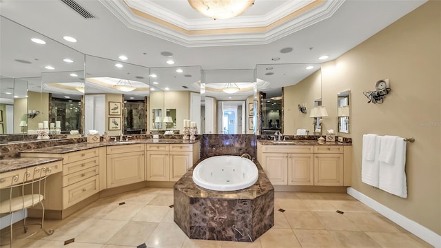 bathroom with vanity, tile patterned flooring, crown molding, a tray ceiling, and independent shower and bath