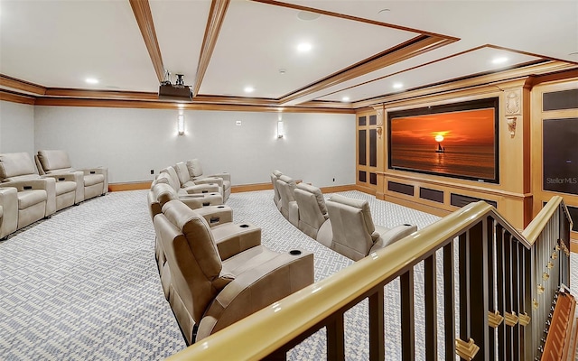 cinema featuring carpet and crown molding