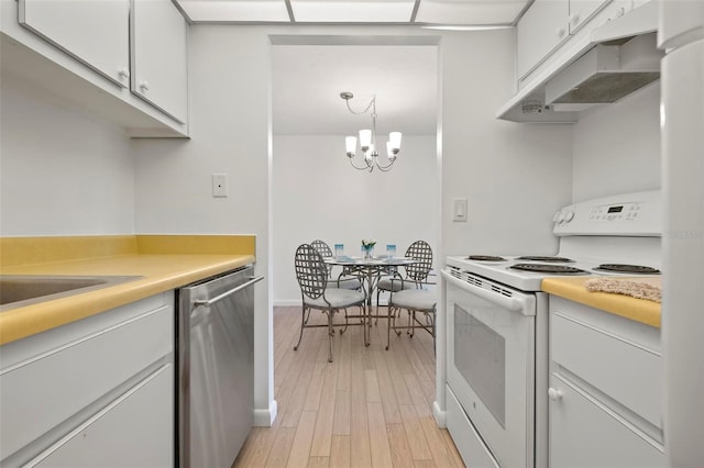 kitchen with dishwasher, white cabinetry, light countertops, and electric stove