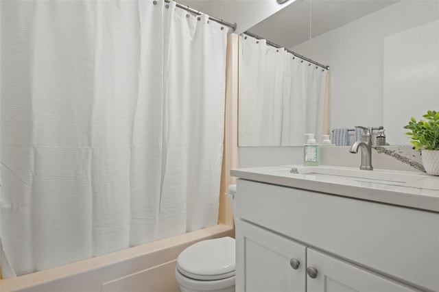 full bathroom with vanity, toilet, and shower / bathtub combination with curtain