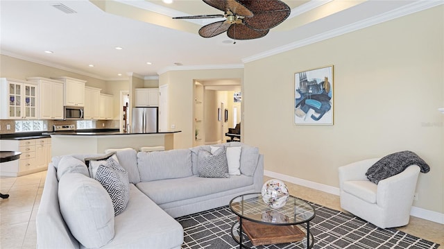 7244 Orchid Island Pl, Bradenton, FL 34202 - living room featuring ceiling fan, light tile patterned floors, crown molding, and recessed lighting