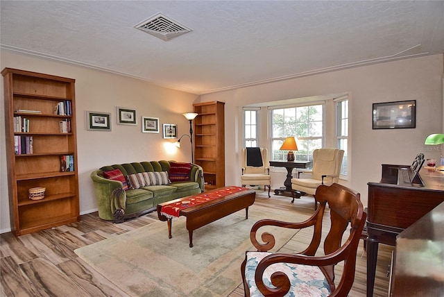 living room featuring a textured ceiling and light hardwood / wood-style flooring