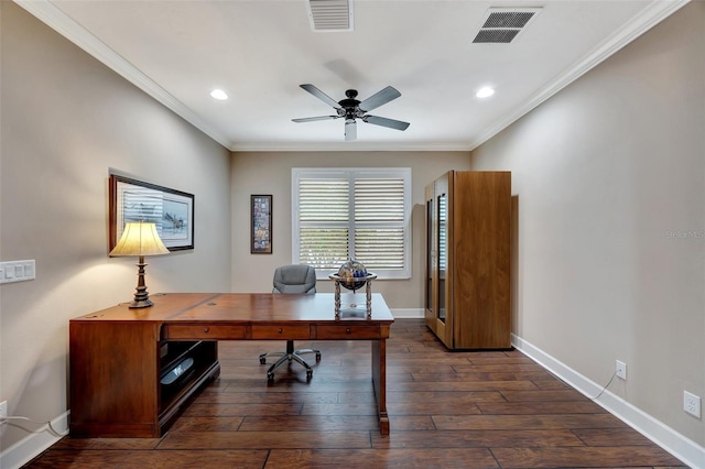 office area featuring crown molding, ceiling fan, and dark wood-type flooring