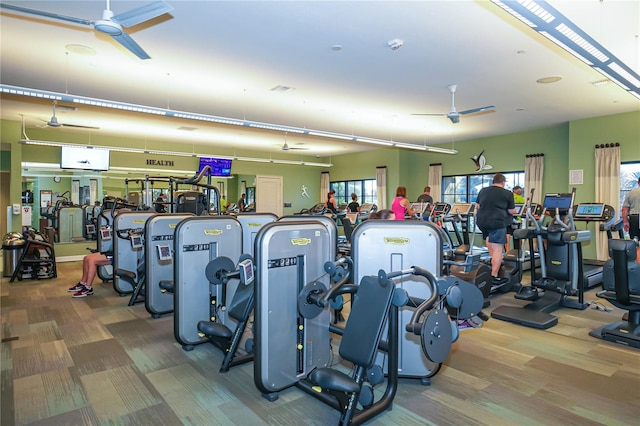 workout area with ceiling fan