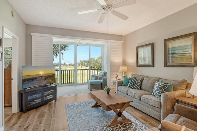 living room featuring ceiling fan, a textured ceiling, and light hardwood / wood-style flooring