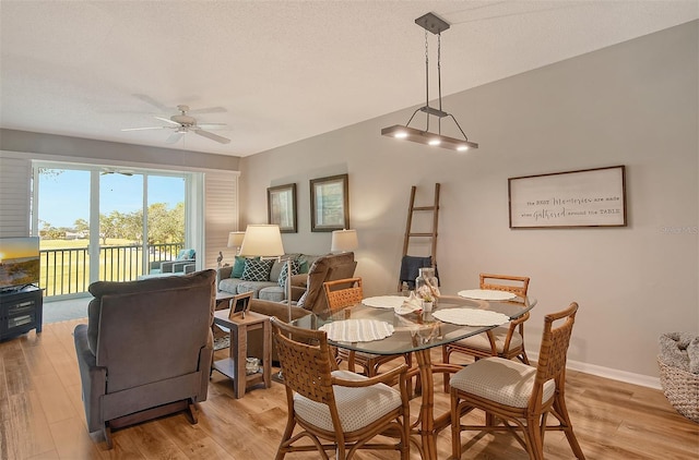 dining space with ceiling fan, a textured ceiling, and light wood-type flooring