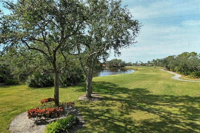 view of home's community featuring a water view and a yard