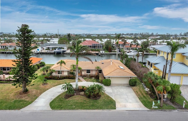 aerial view featuring a water view