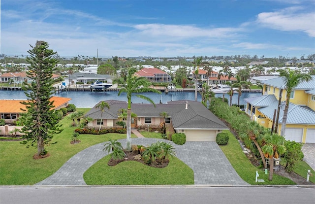 aerial view featuring a water view