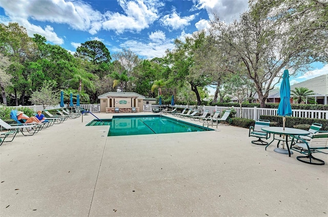 view of swimming pool featuring a patio