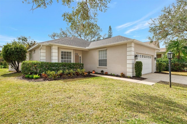 ranch-style home featuring a garage and a front lawn