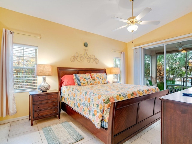 bedroom featuring ceiling fan, access to exterior, vaulted ceiling, and light tile patterned flooring