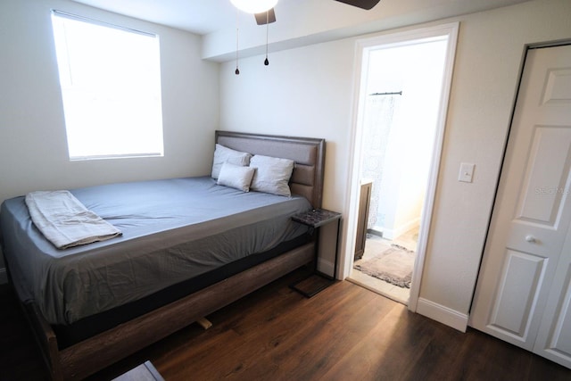 bedroom with ceiling fan and dark hardwood / wood-style flooring