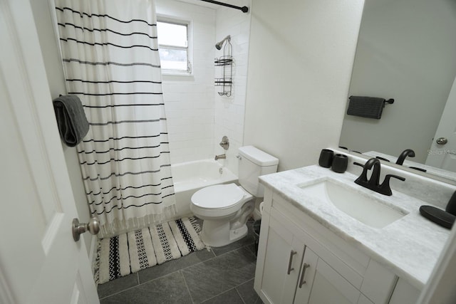 full bathroom featuring tile patterned flooring, toilet, vanity, and shower / tub combo with curtain