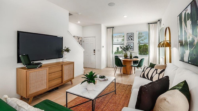 living room featuring light tile patterned floors