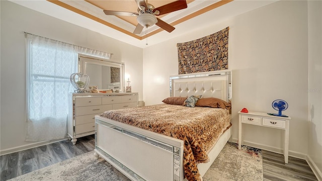 bedroom with a tray ceiling, dark hardwood / wood-style floors, and ceiling fan