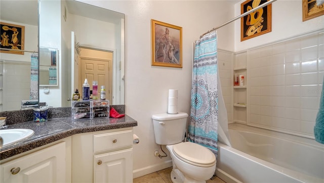 full bathroom with toilet, vanity, shower / bathtub combination with curtain, and tile patterned flooring