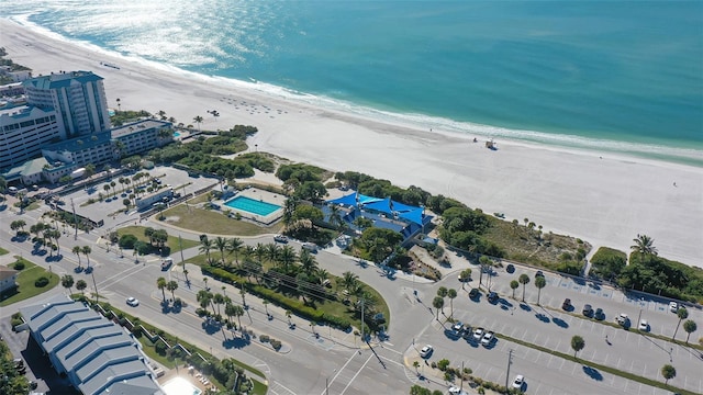 bird's eye view with a view of the beach and a water view