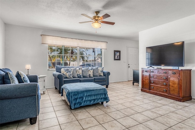 807 62nd St W, Bradenton, FL 34209 - living room featuring a ceiling fan, a textured ceiling, and baseboards