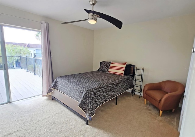 bedroom featuring carpet floors, access to outside, and ceiling fan