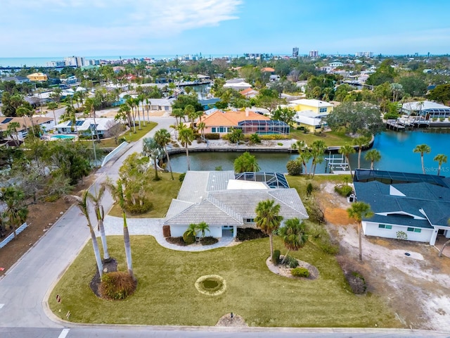 drone / aerial view with a water view