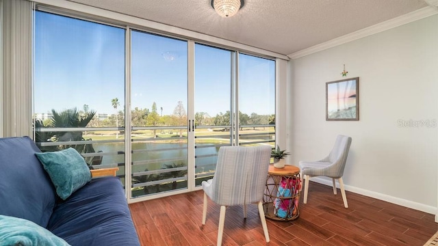 living area with floor to ceiling windows, a water view, crown molding, and a textured ceiling