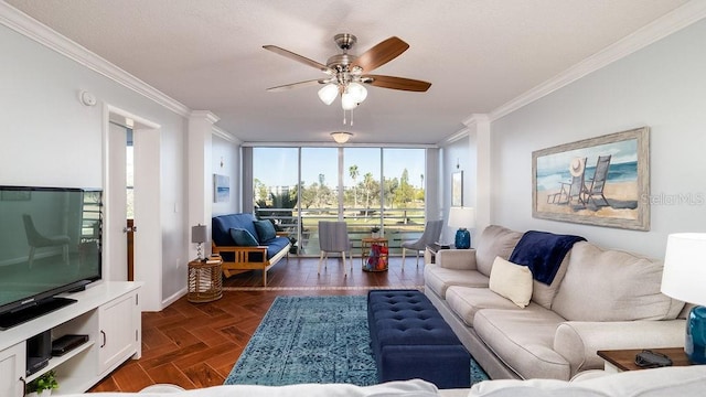 living room with crown molding, a wall of windows, dark parquet floors, and ceiling fan