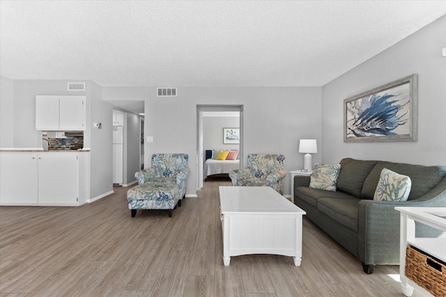 living room featuring a textured ceiling and light wood-type flooring