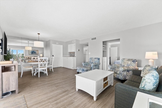 living room with hardwood / wood-style flooring and a textured ceiling