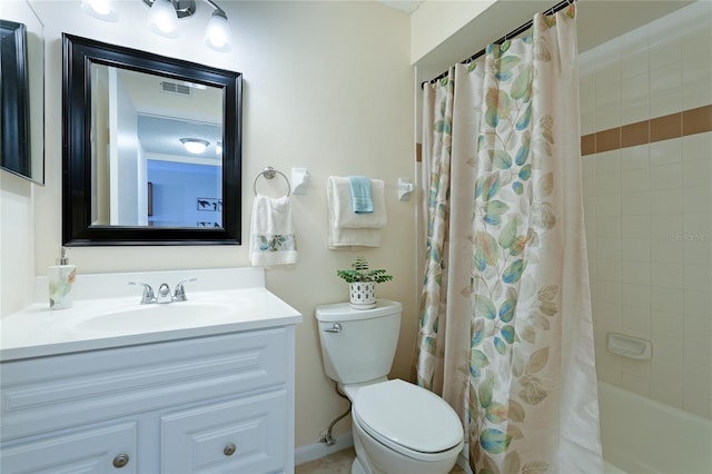 full bathroom with vanity, shower / bath combination with curtain, and toilet