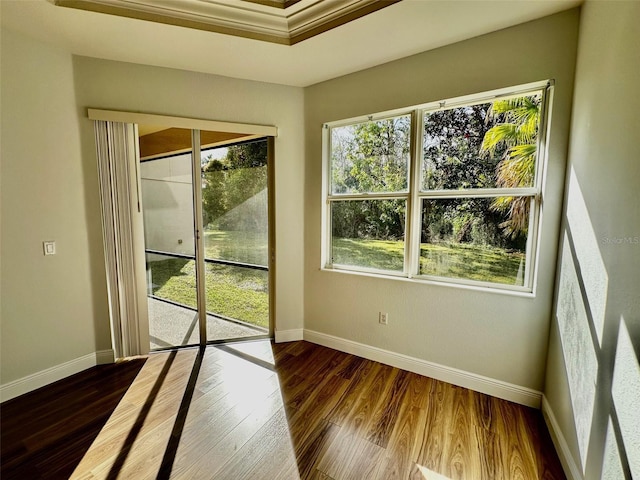 doorway to outside with ornamental molding and dark wood-type flooring