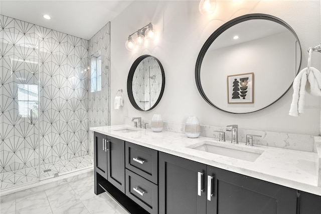 bathroom featuring vanity and a tile shower