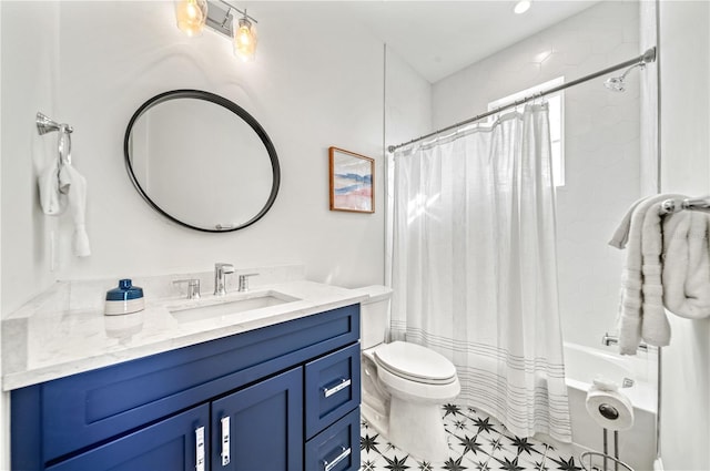 full bathroom with toilet, vanity, and shower / tub combo with curtain