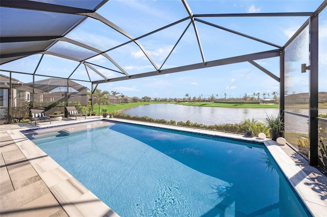 view of swimming pool with a water view, glass enclosure, and a patio area