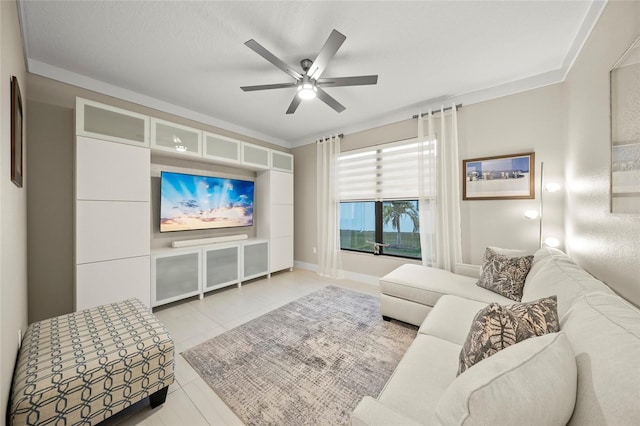 tiled living room featuring ceiling fan