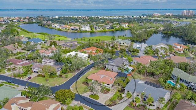 drone / aerial view featuring a water view