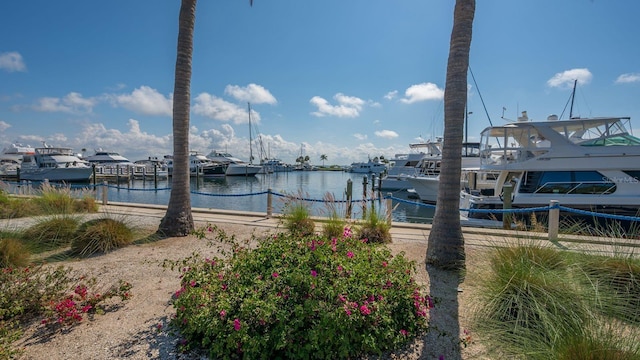 property view of water with a dock