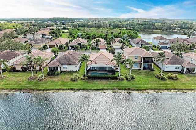 drone / aerial view featuring a water view