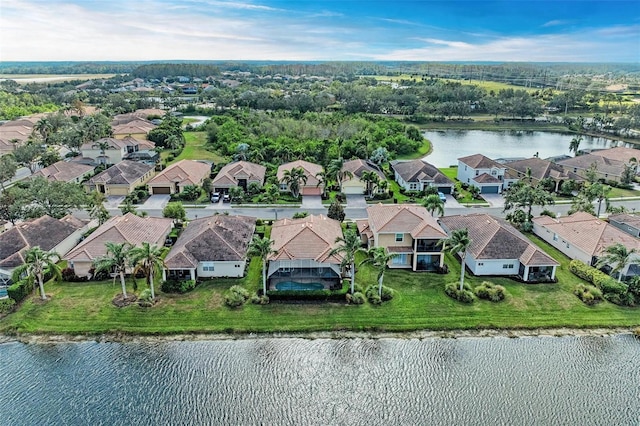 bird's eye view with a water view