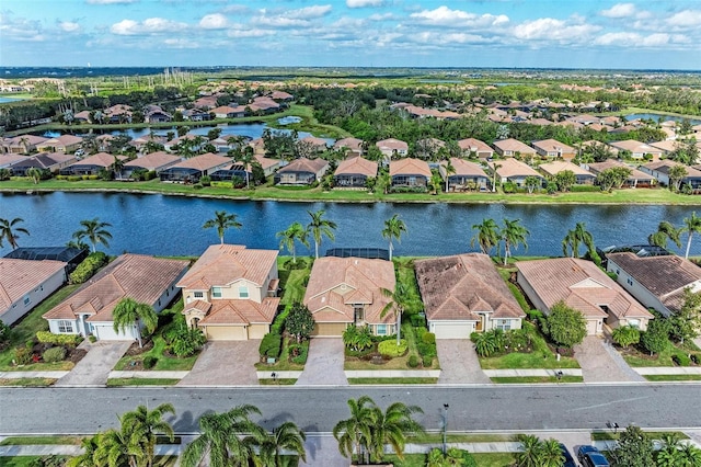 drone / aerial view featuring a water view