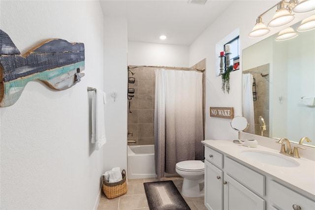 full bathroom with shower / bath combo, toilet, tile patterned floors, and vanity