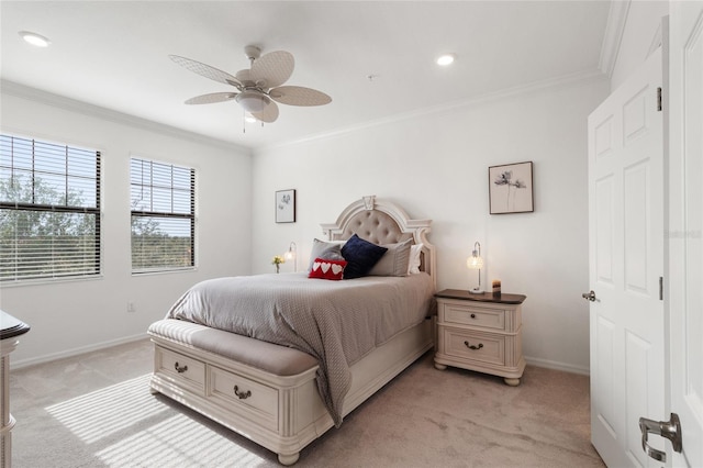 bedroom with light colored carpet, ceiling fan, and ornamental molding