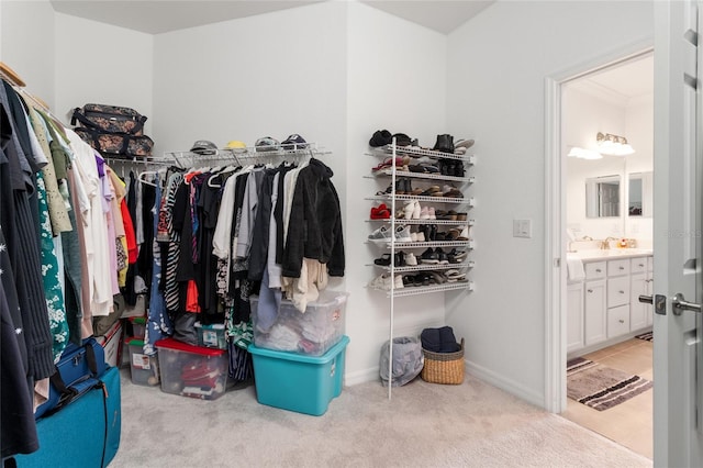 spacious closet featuring light colored carpet and sink