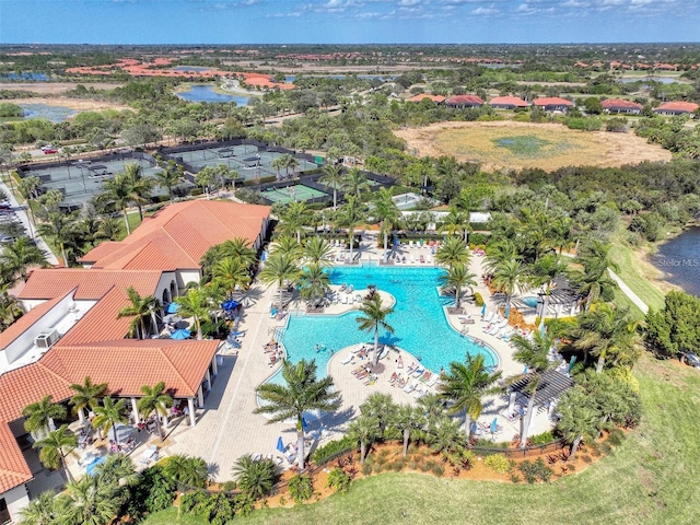 bird's eye view with a water view