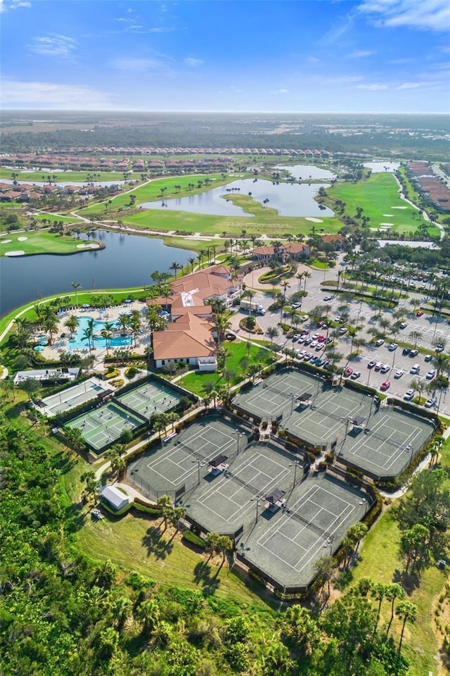 bird's eye view with a water view