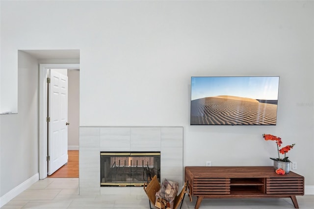 living room with a fireplace