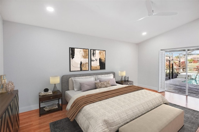 bedroom featuring ceiling fan, lofted ceiling, access to exterior, and light hardwood / wood-style floors