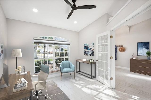 office area featuring lofted ceiling, french doors, and ceiling fan