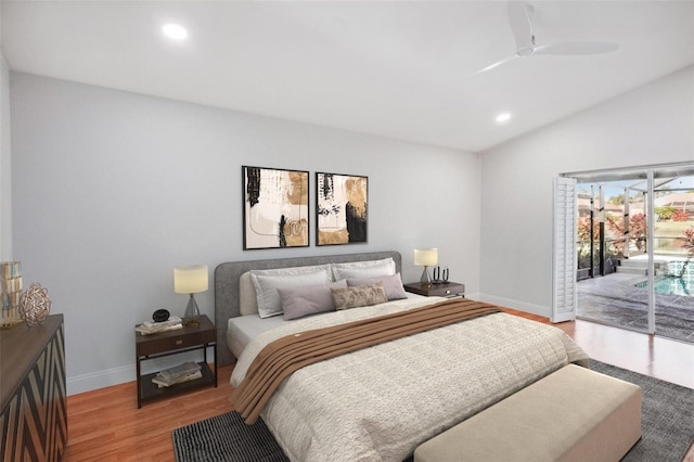 bedroom with ceiling fan, lofted ceiling, light hardwood / wood-style flooring, and access to outside